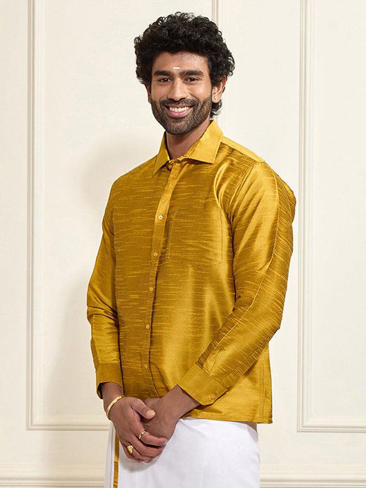 Men's Mustard Silk Blend Ethnic Shirt