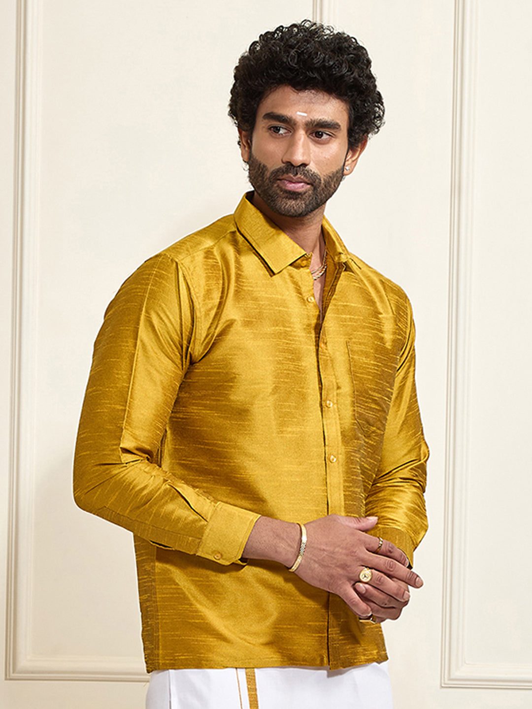 Men's Mustard Silk Blend Ethnic Shirt