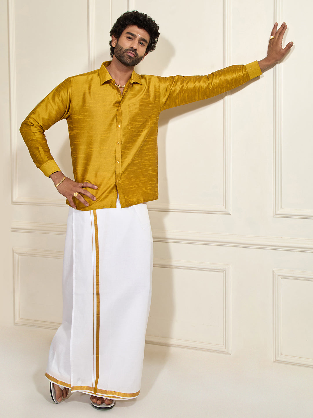 Men's Mustard Silk Blend Ethnic Shirt