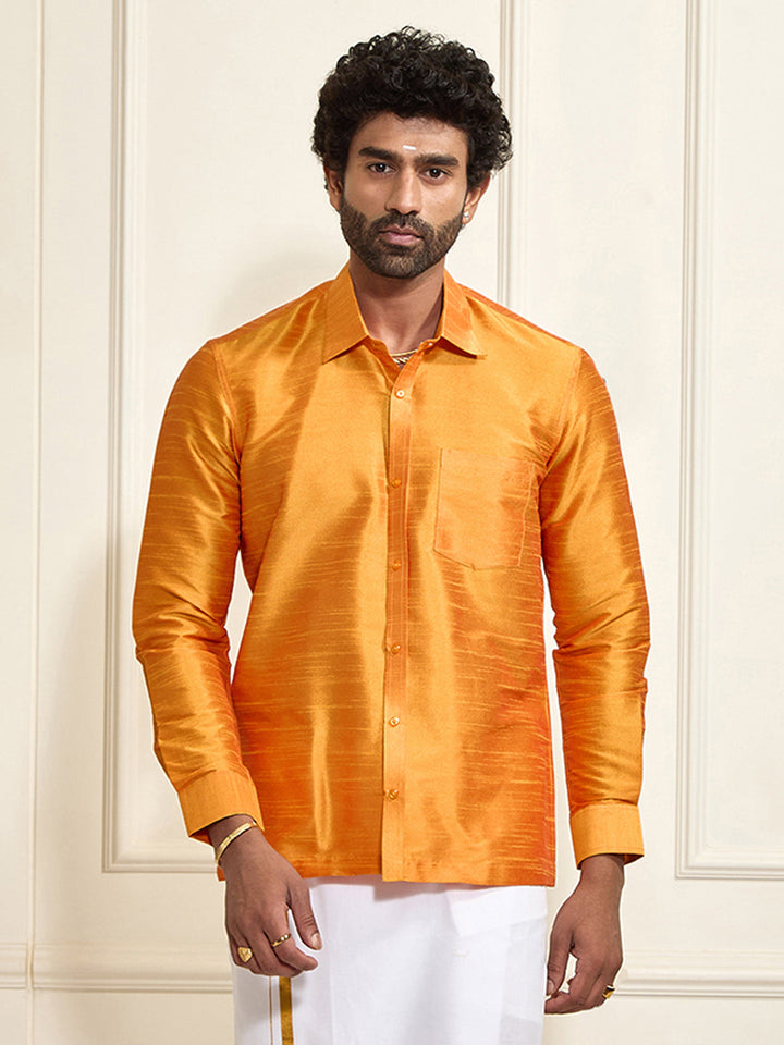Men's Orange Silk Blend Ethnic Shirt