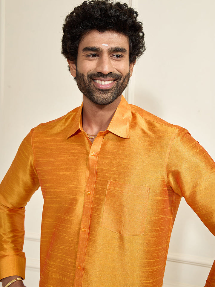 Men's Orange Silk Blend Ethnic Shirt