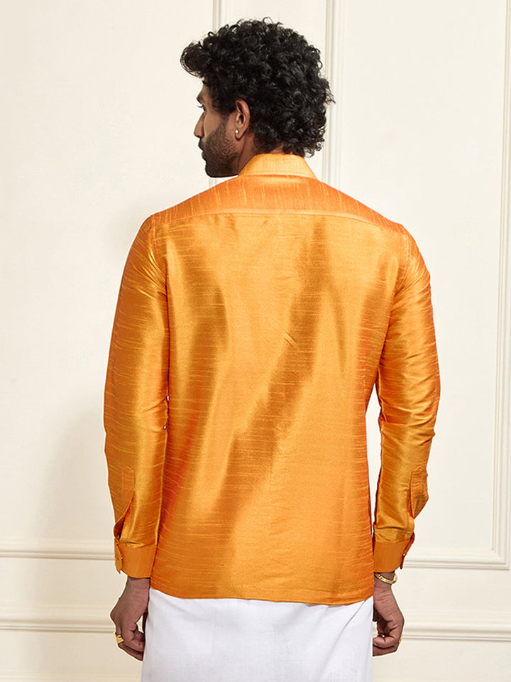 Men's Orange Silk Blend Ethnic Shirt