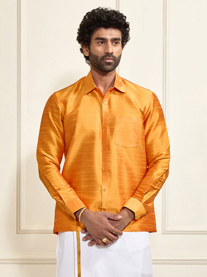 Men's Orange Silk Blend Ethnic Shirt
