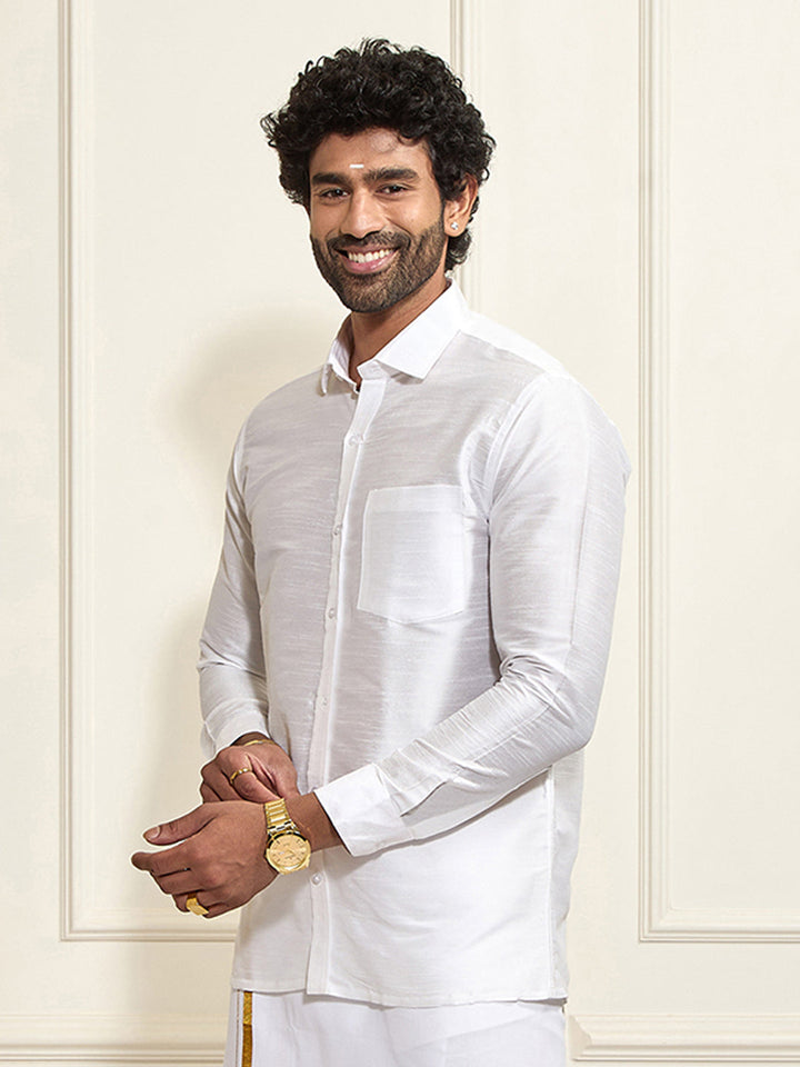 Men's White Silk Blend Ethnic Shirt