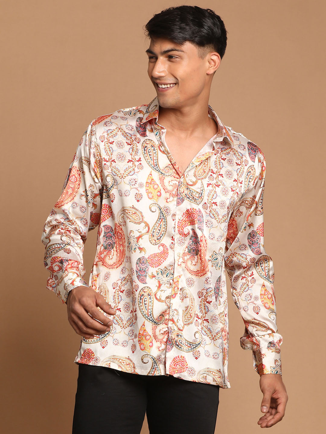 Men's Beige Cotton Silk Blend Printed Shirt