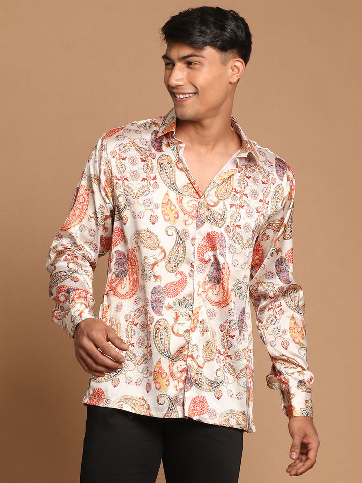 Men's Beige Cotton Silk Blend Printed Shirt