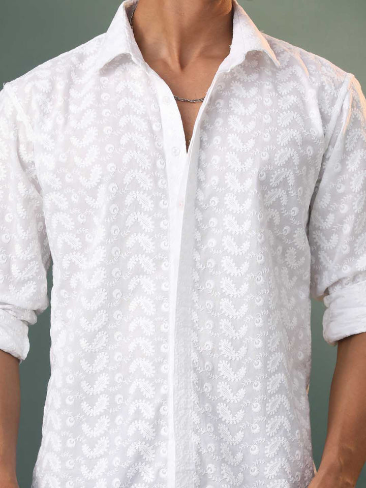 Men's White Chikankari Cotton Shirt