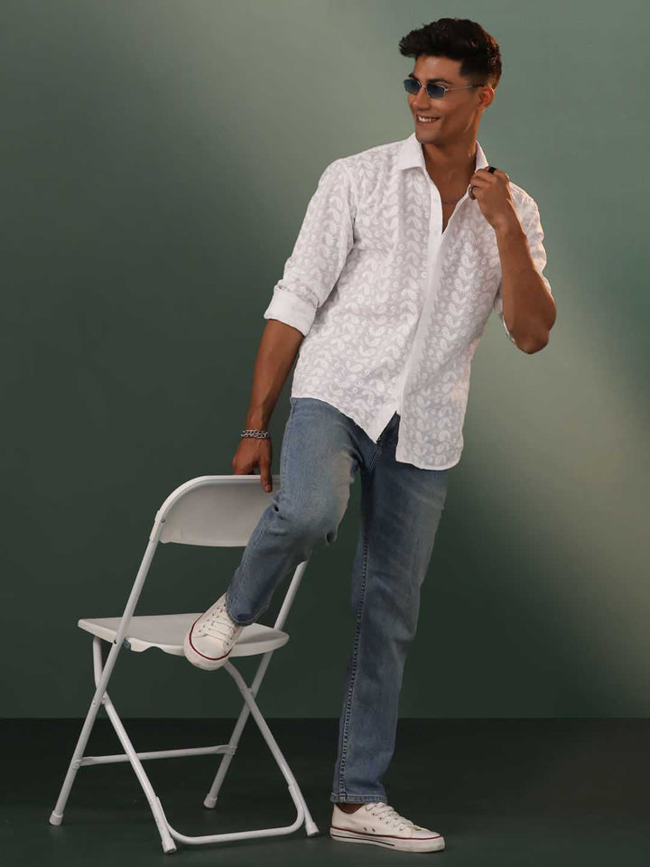 Men's White Chikankari Cotton Shirt