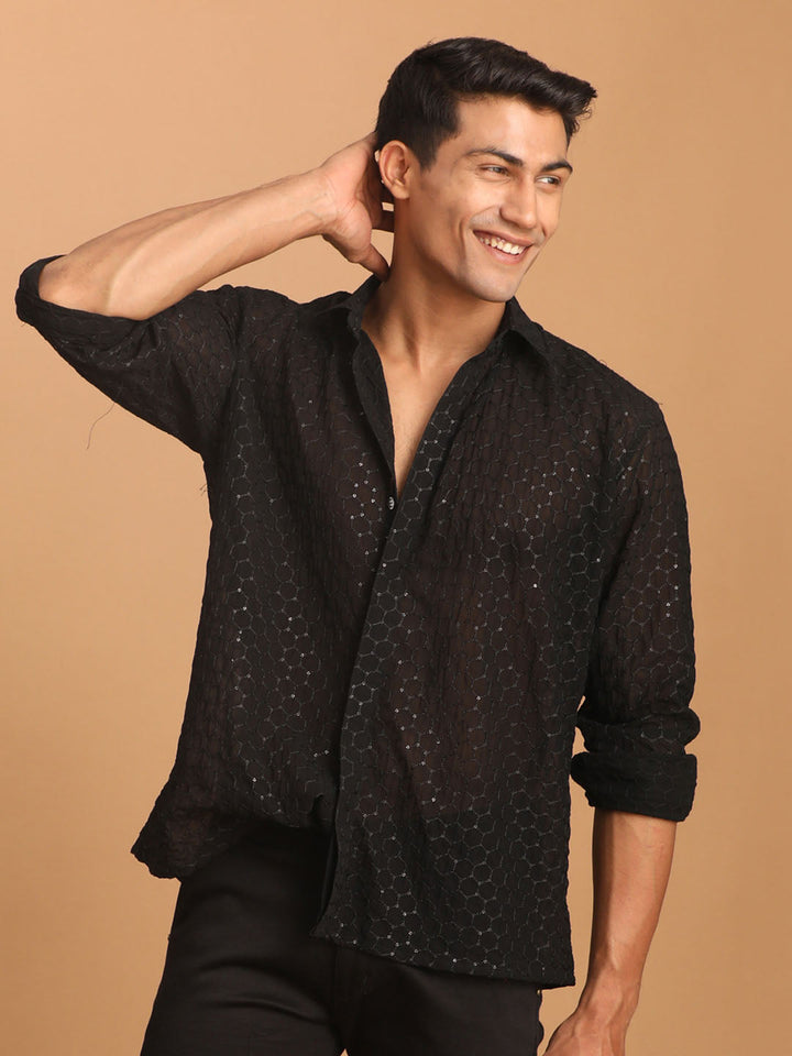 Men's Black Fancy Sequined Shirt