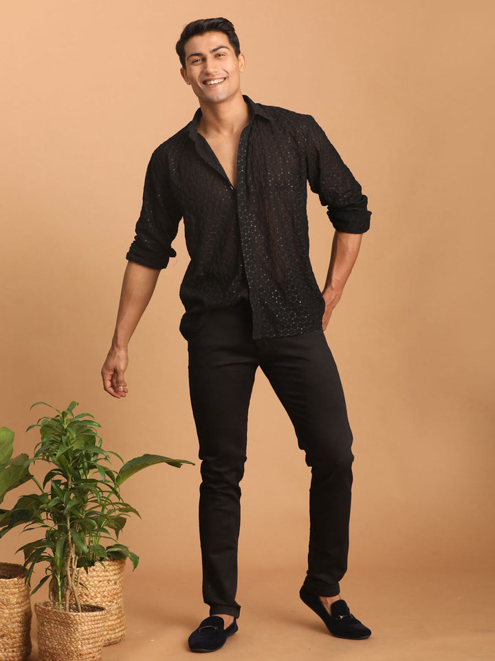 Men's Black Fancy Sequined Shirt