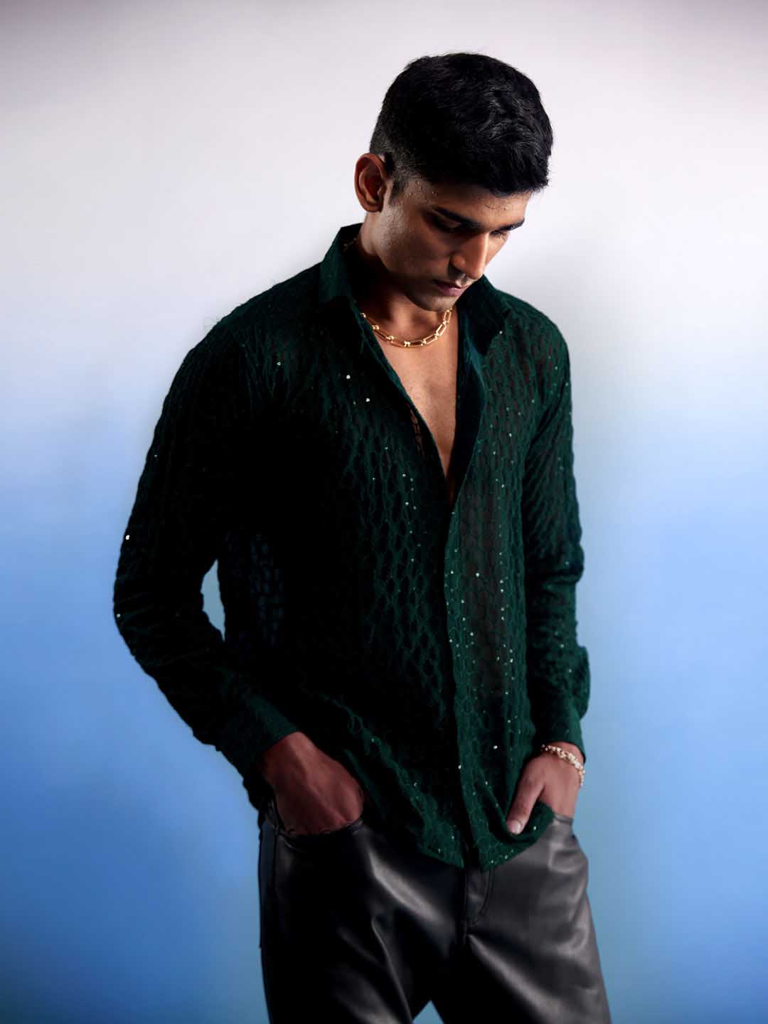 Men's Green Fancy Sequined Shirt