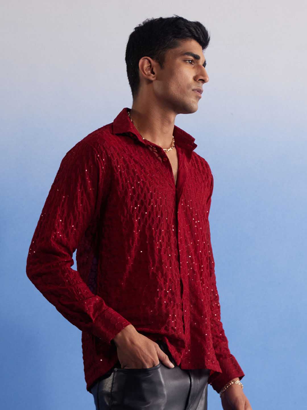 Men's Maroon Fancy Sequined Shirt