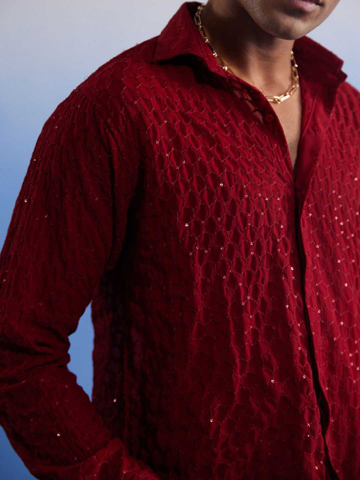 Men's Maroon Fancy Sequined Shirt