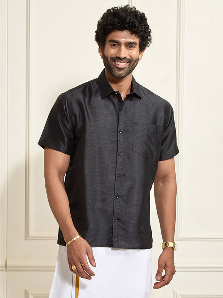 Men's Black Silk Blend Ethnic Shirt