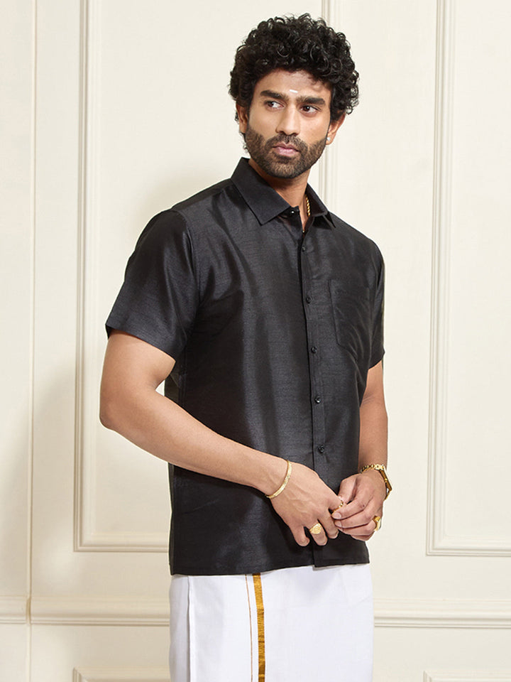 Men's Black Silk Blend Ethnic Shirt