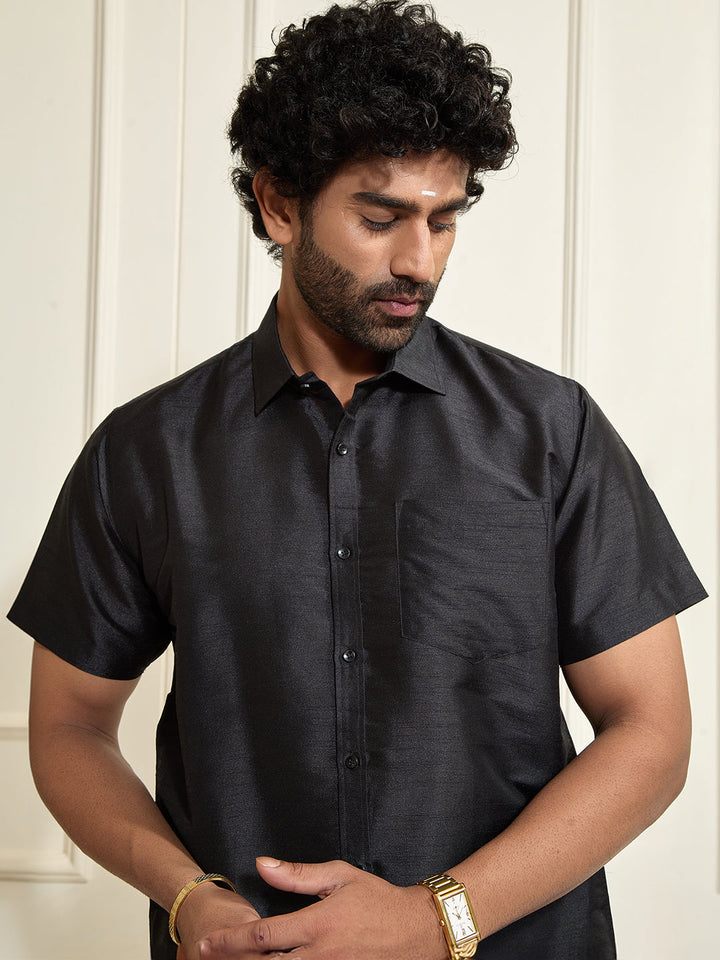 Men's Black Silk Blend Ethnic Shirt