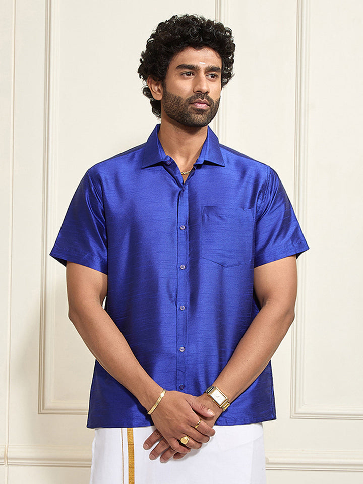 Men's Blue Silk Blend Ethnic Shirt