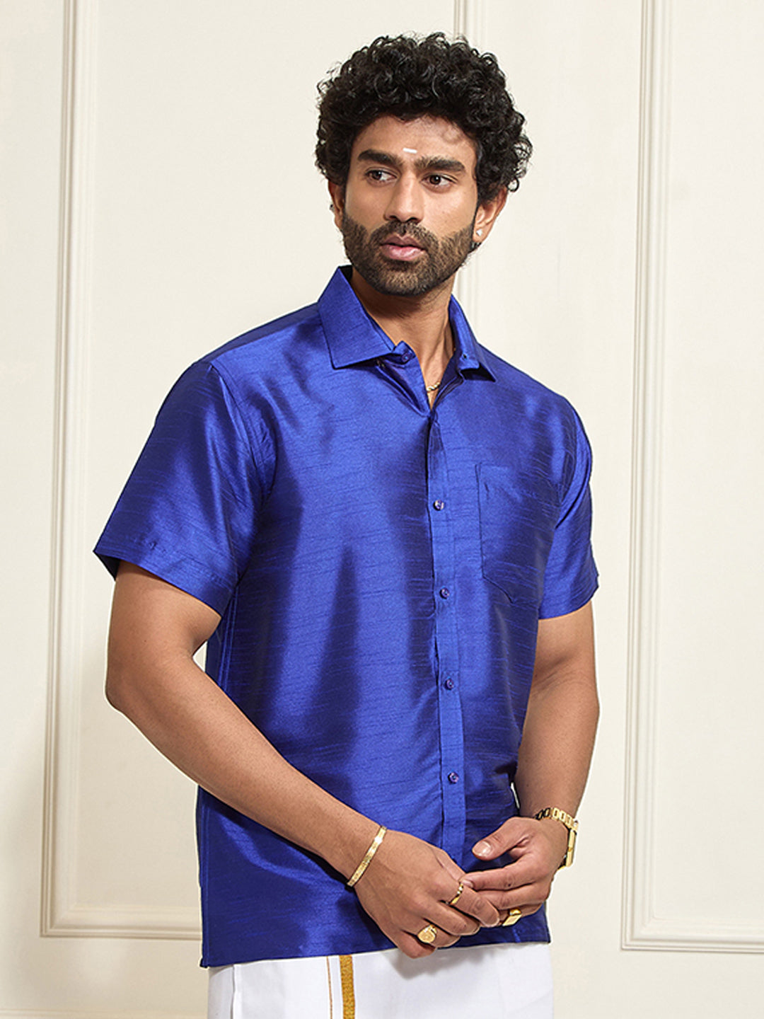Men's Blue Silk Blend Ethnic Shirt
