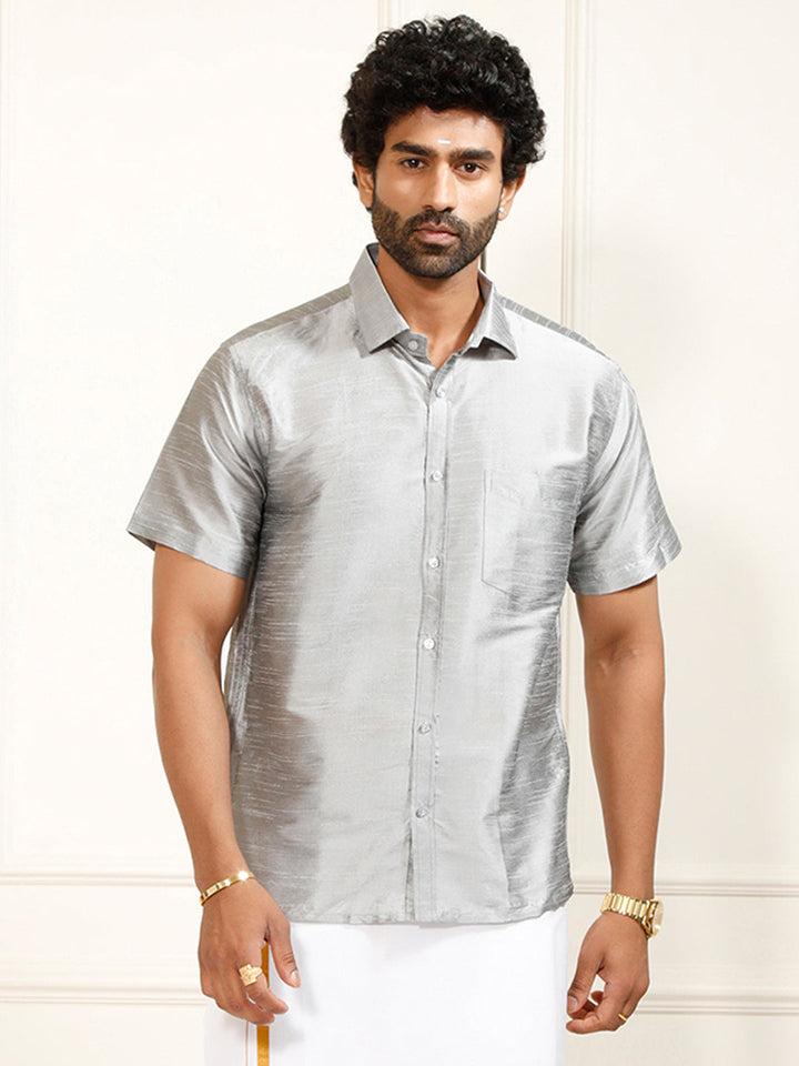 Men's Grey Silk Blend Ethnic Shirt