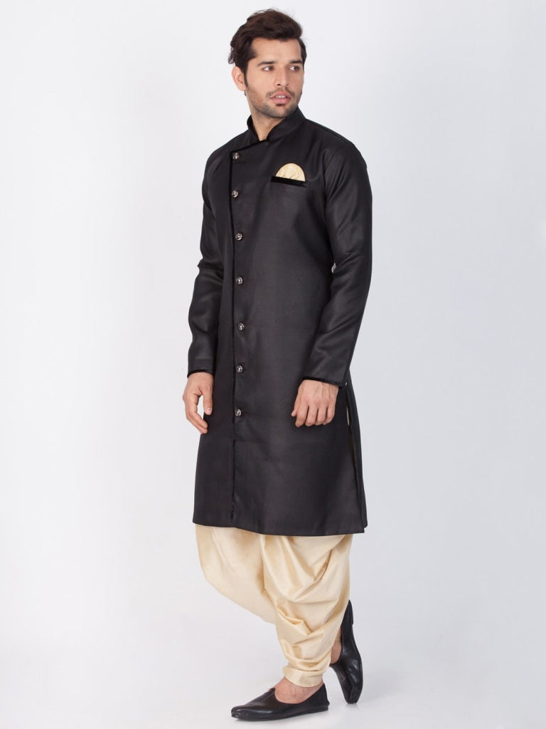 VASTRAMAY Men's Black And Gold Cotton Blend Sherwani Set