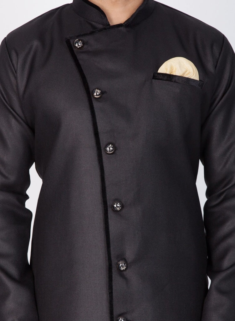 VASTRAMAY Men's Black And Gold Cotton Blend Sherwani Set