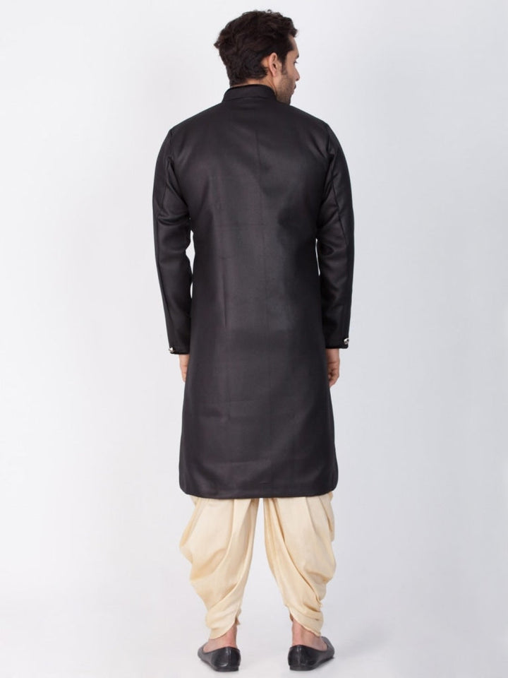 VASTRAMAY Men's Black And Gold Cotton Blend Sherwani Set