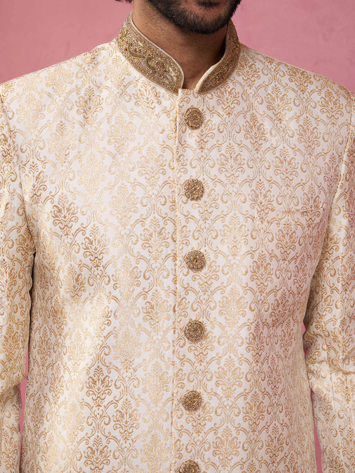 Men's Beige Silk Blend Sherwani Set with Cream Pyjama
