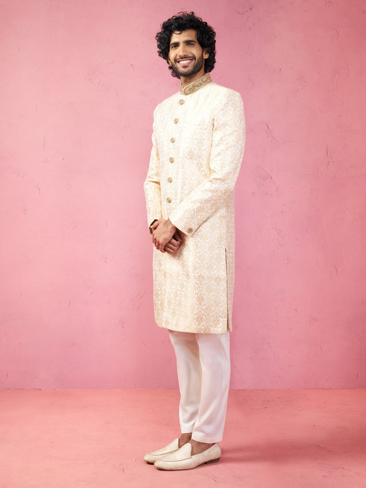 Men's Beige Silk Blend Sherwani Set with Cream Pyjama