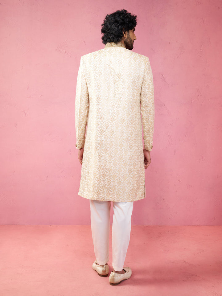 Men's Beige Silk Blend Sherwani Set with Cream Pyjama