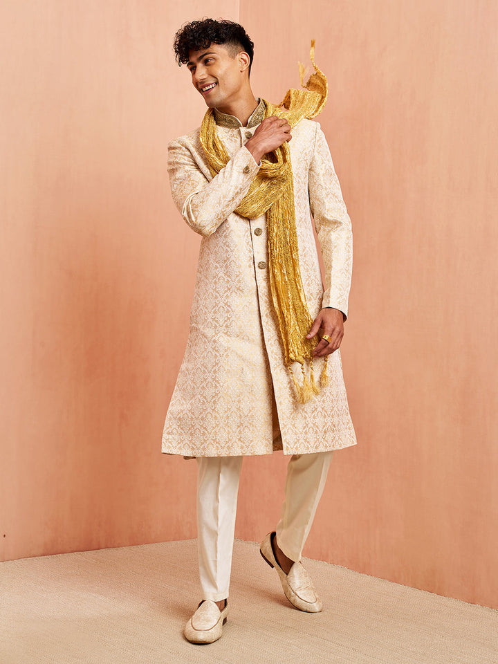 Men's Beige Jacquard Sherwani Pyjama Dupatta Set