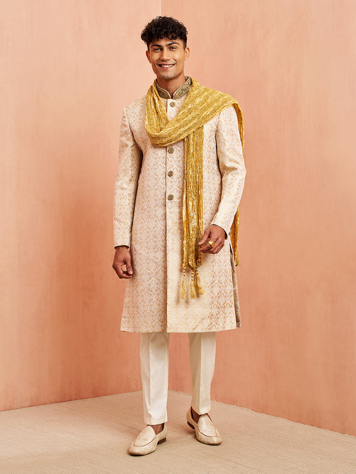 Men's Beige Jacquard Sherwani Pyjama Dupatta Set