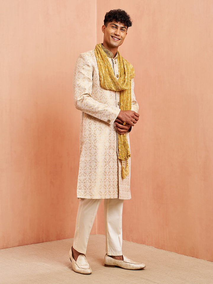 Men's Beige Jacquard Sherwani Pyjama Dupatta Set