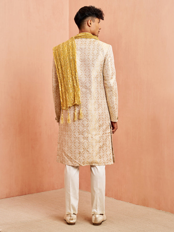 Men's Beige Jacquard Sherwani Pyjama Dupatta Set