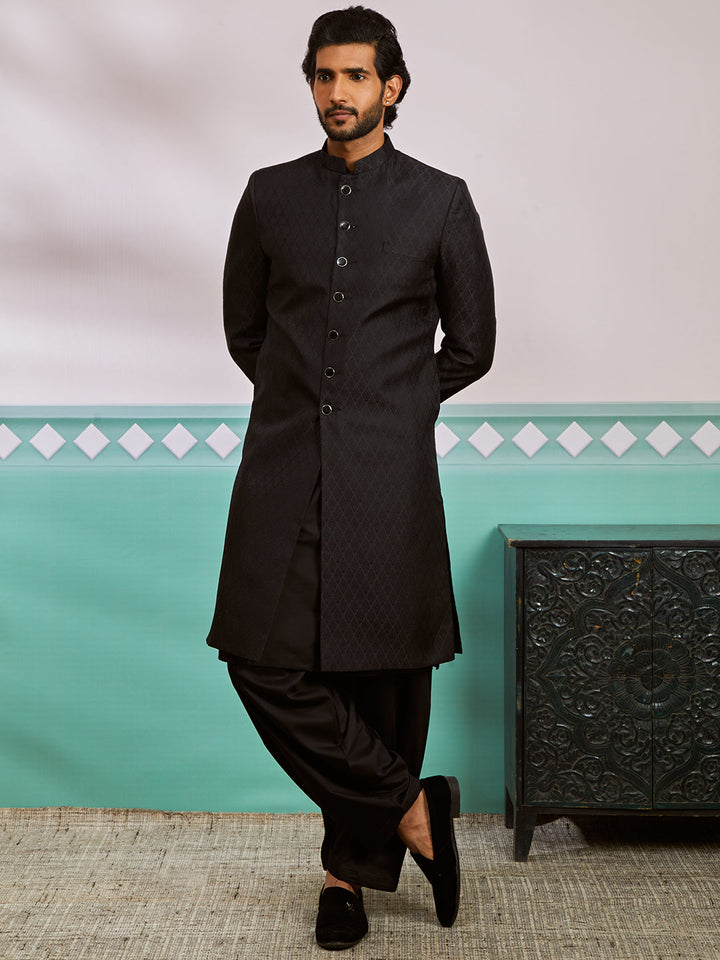 Men's Black Silk Blend Sherwani,Kurta And Patiala Set