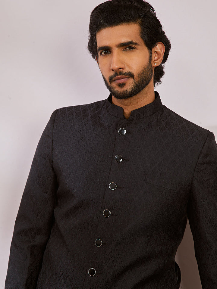 Men's Black Silk Blend Sherwani,Kurta And Patiala Set