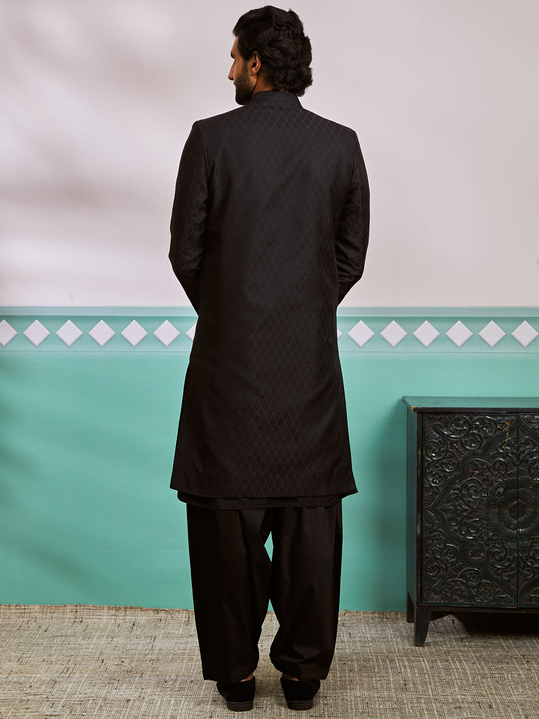 Men's Black Silk Blend Sherwani,Kurta And Patiala Set