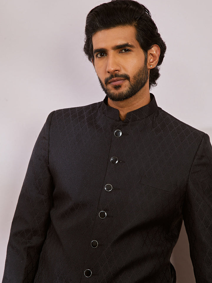 Men's Black Silk Blend Sherwani And Patiala Set