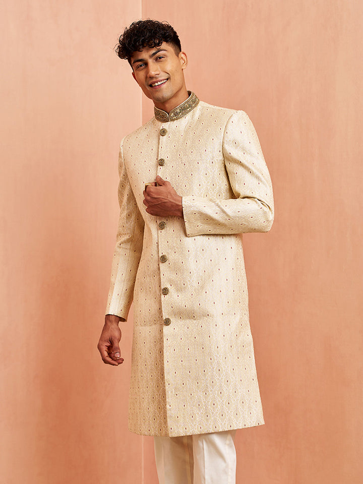 Vastramay Men Cream Silk Sherwani