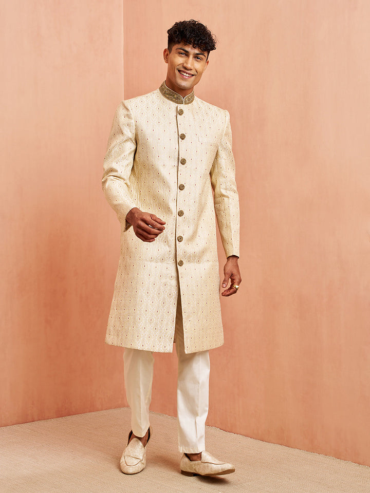 Vastramay Men Cream Silk Sherwani