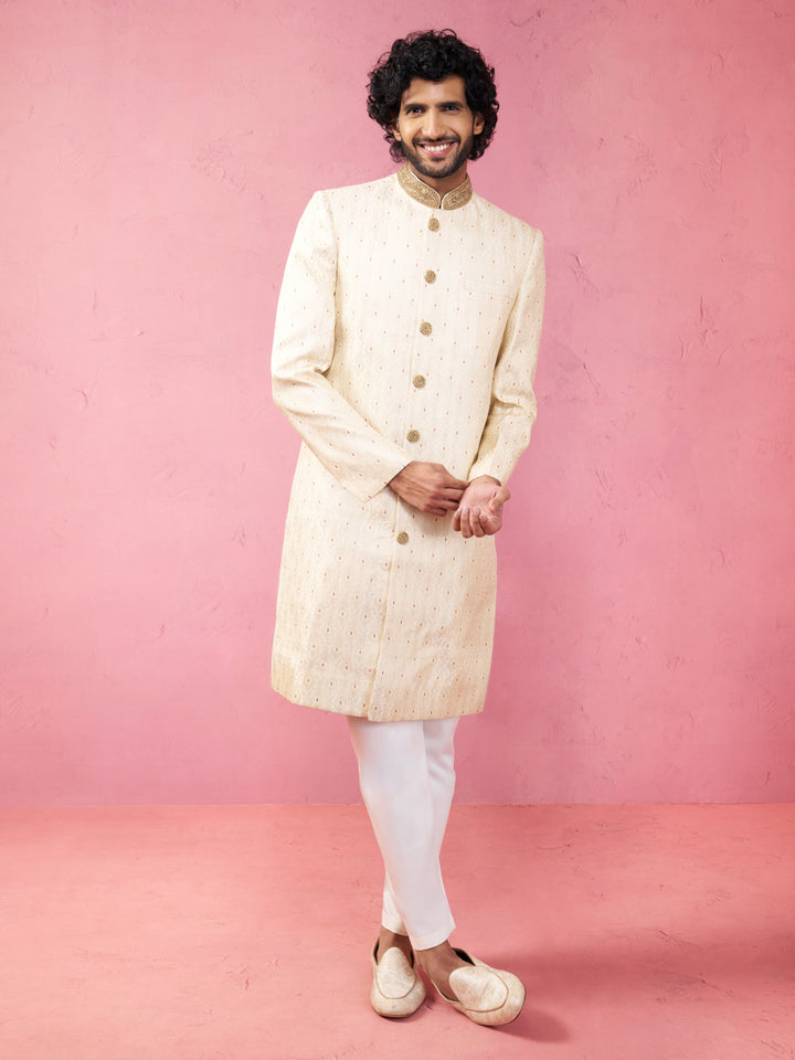Men's Cream Silk Blend Sherwani Set with Maroon Motifs