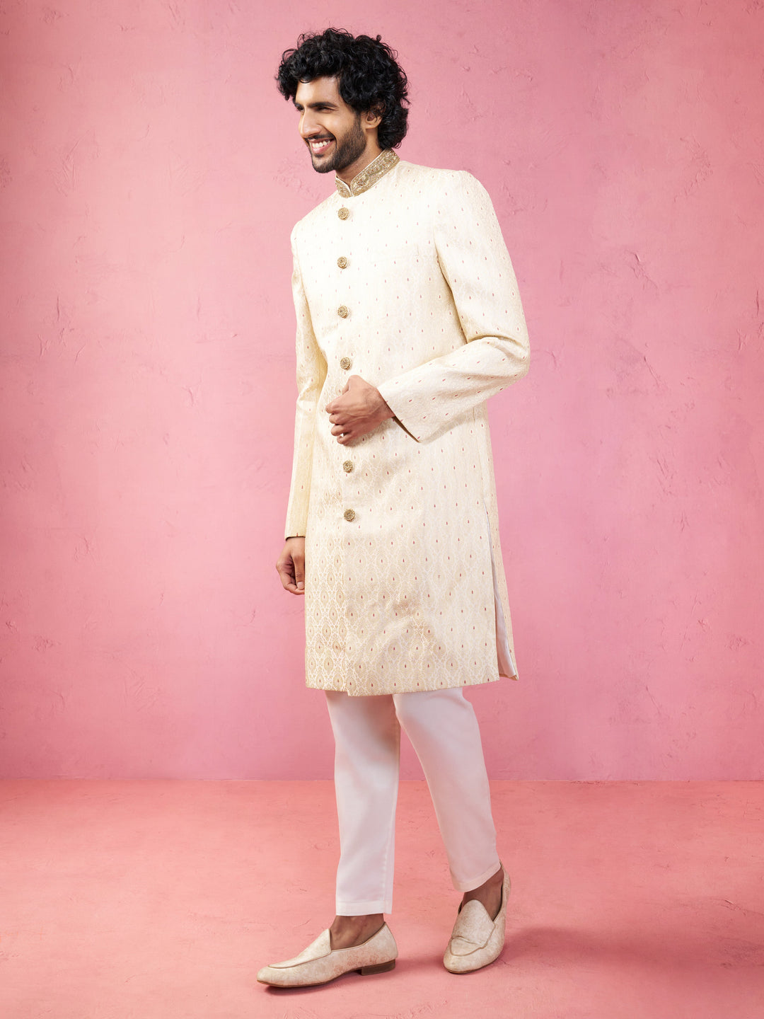 Men's Cream Silk Blend Sherwani Set with Maroon Motifs