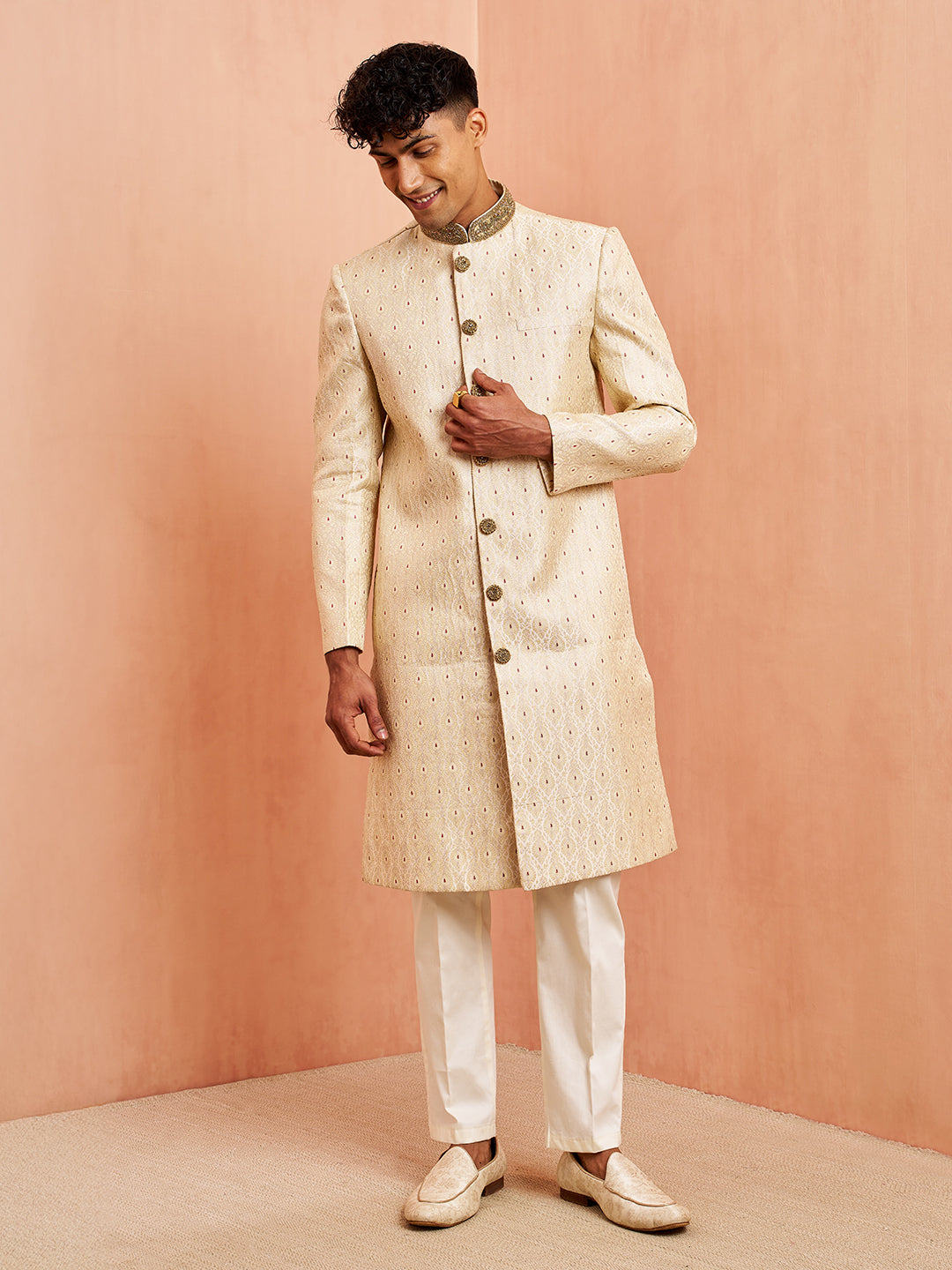 Men's Cream Maroon Jacquard Sherwani Set