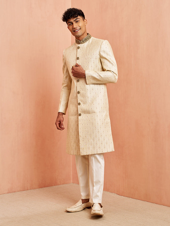 Men's Cream Maroon Jacquard Sherwani Set
