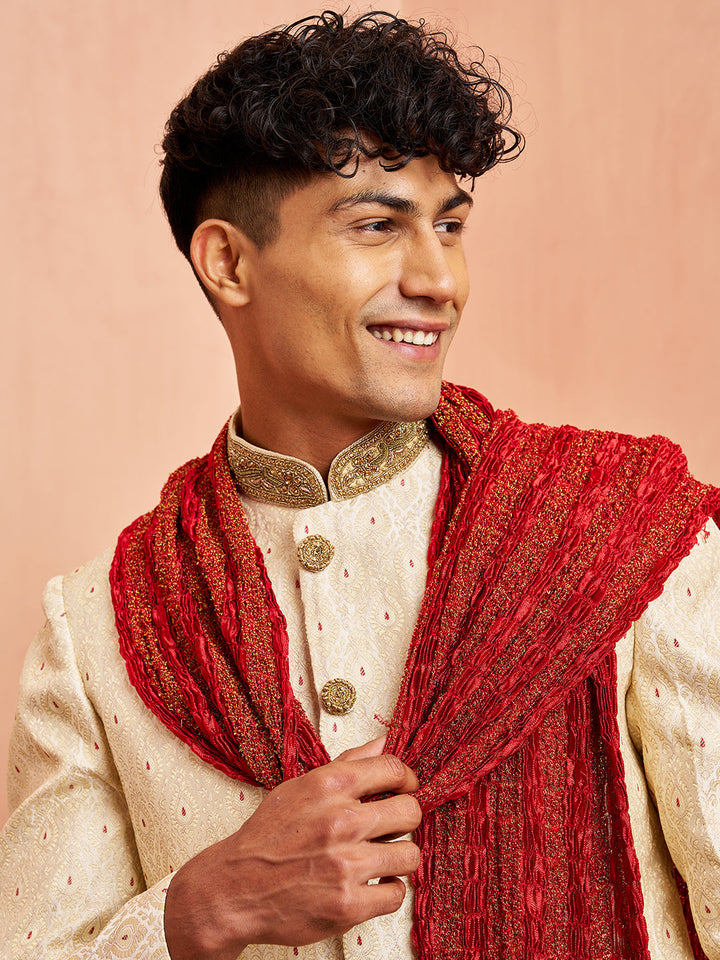 Men's Cream Jacquard Sherwani Pyjama Dupatta Set