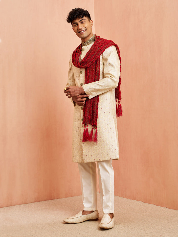 Men's Cream Jacquard Sherwani Pyjama Dupatta Set
