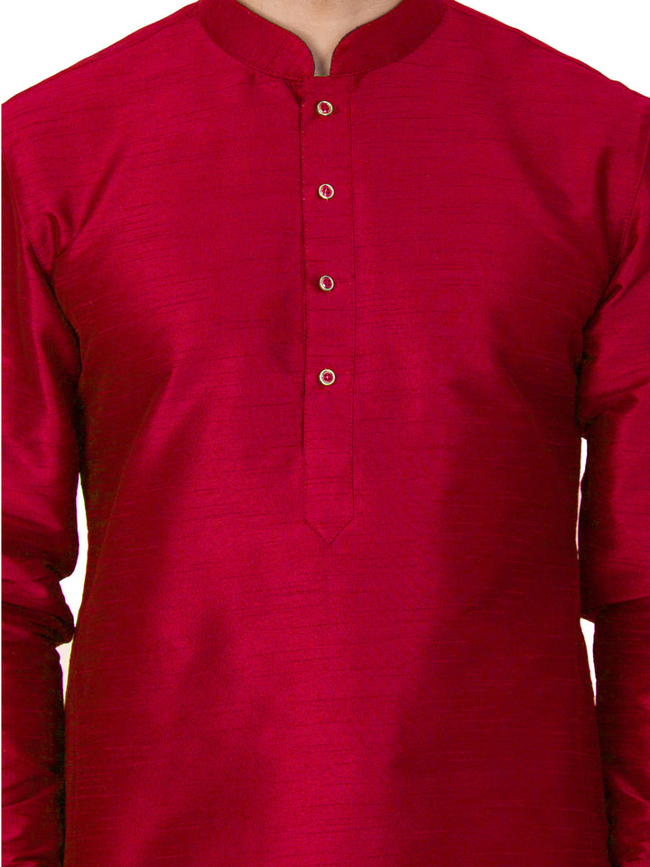 VASTRAMAY Men's Maroon Silk Blend Curved Kurta