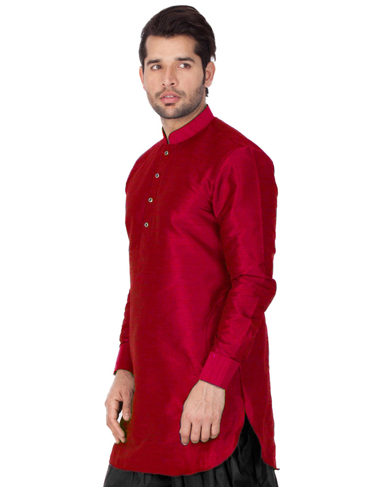 VASTRAMAY Men's Maroon Silk Blend Curved Kurta