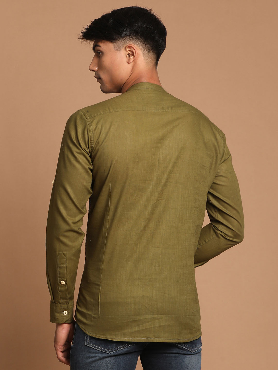 Men's Olive Green Short Cotton Kurta