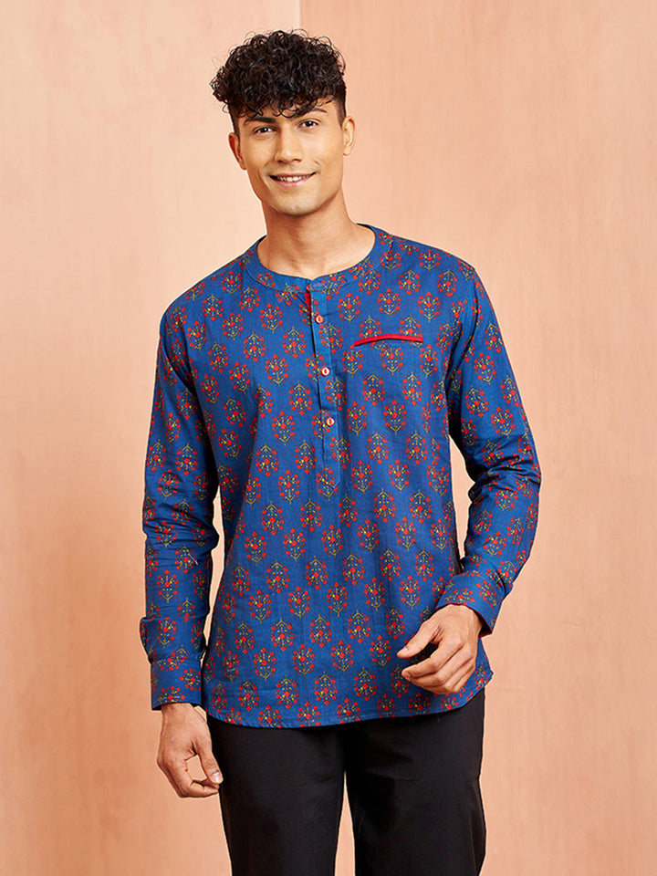 Men's Royal Blue Cotton Kurta Short Sleeve Band Collar Print