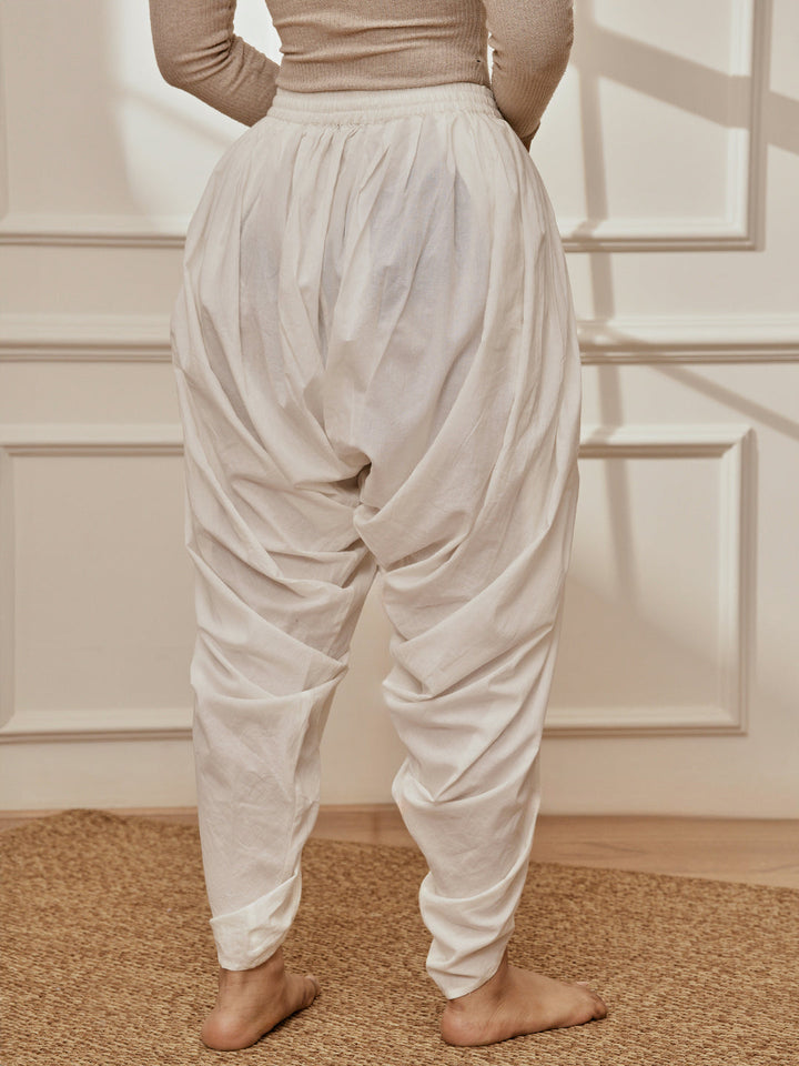 Women's White Cambric Cotton Dhoti Yoga Pants